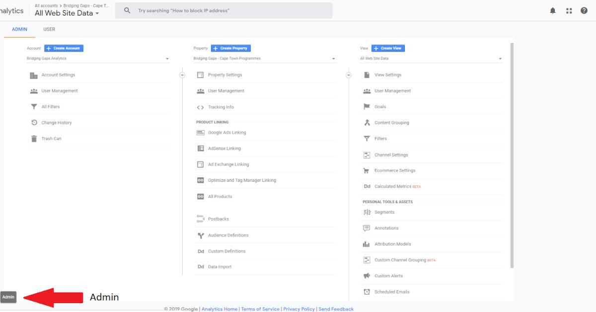 Chọn admin trong dashboard Google Analytics.